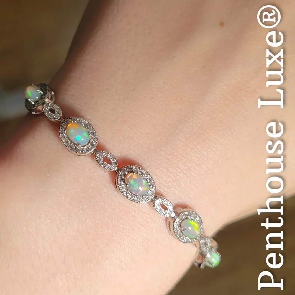 REAL Natural Opal Oval 925 Sterling Silver Bracelet - Picture 1 of 7